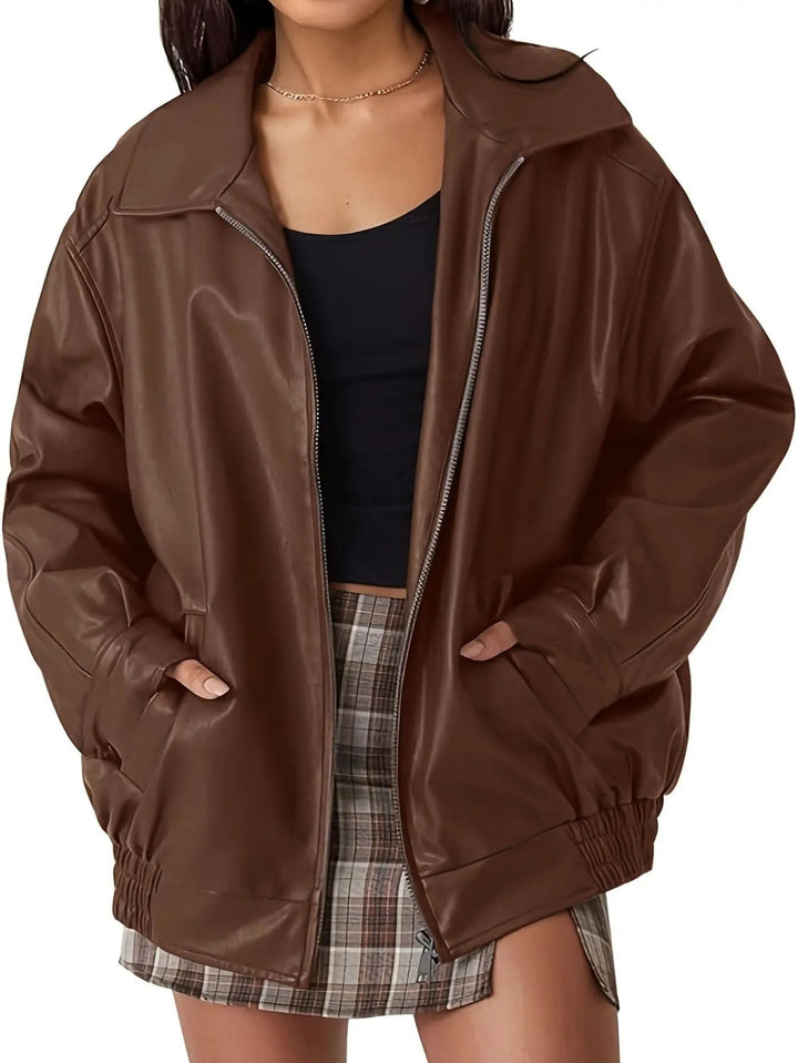 Harper Brooklyn | Women's Classic Oversized Leather Bomber Jacket
