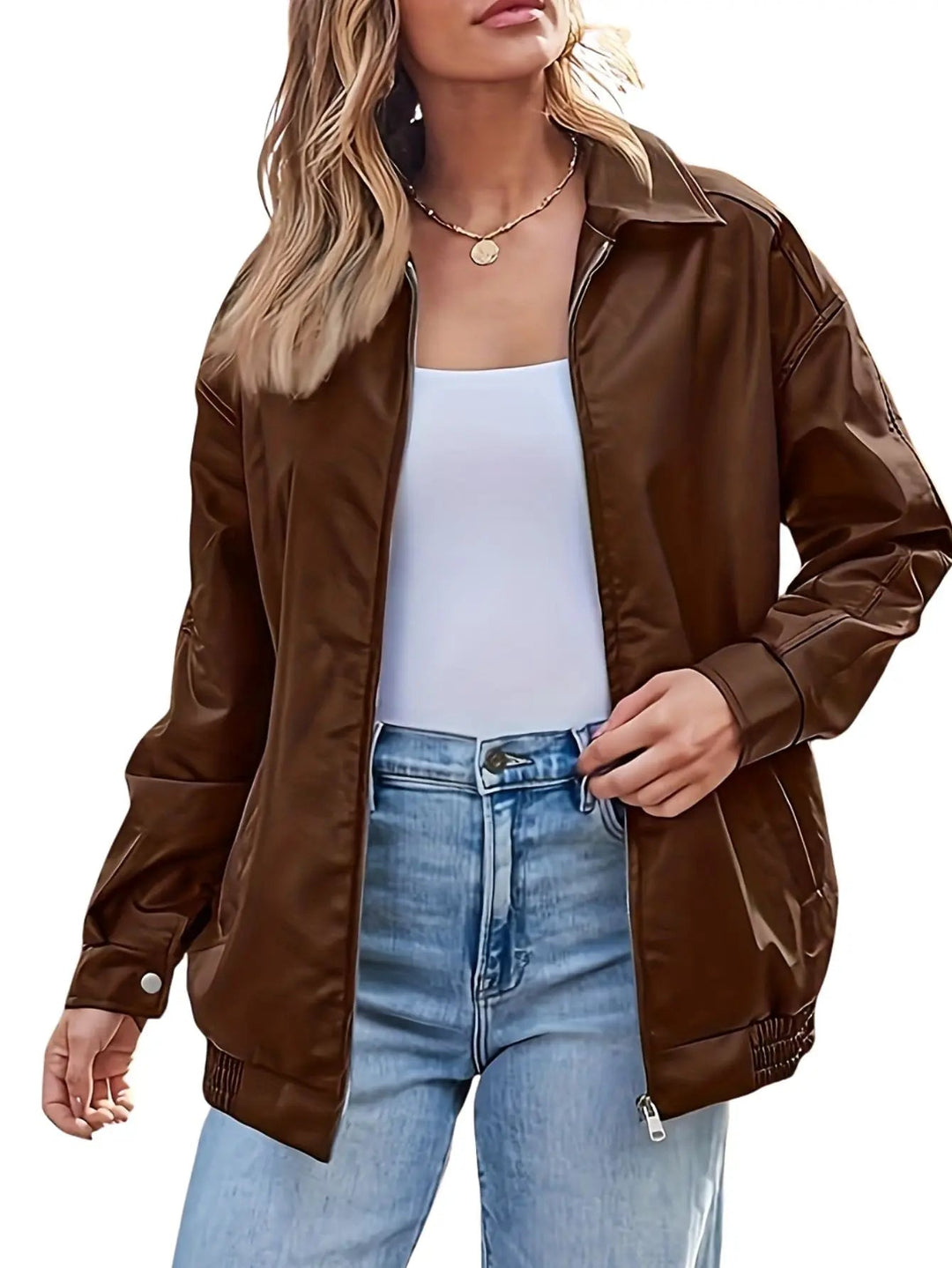 Harper Brooklyn | Women's Classic Oversized Leather Bomber Jacket