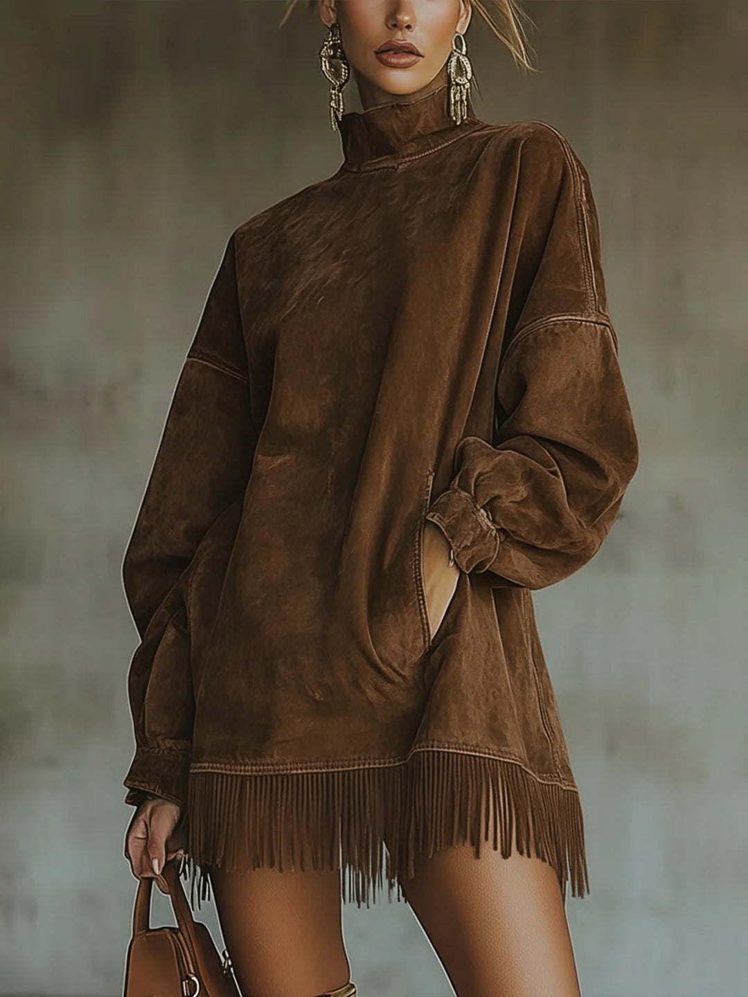 Harper Brooklyn| Faux Turtleneck Dress, Fringe Hem