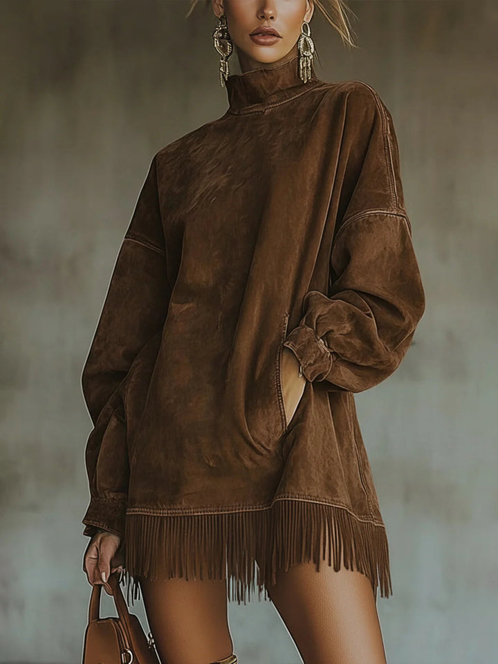 Harper Brooklyn| Faux Turtleneck Dress, Fringe Hem