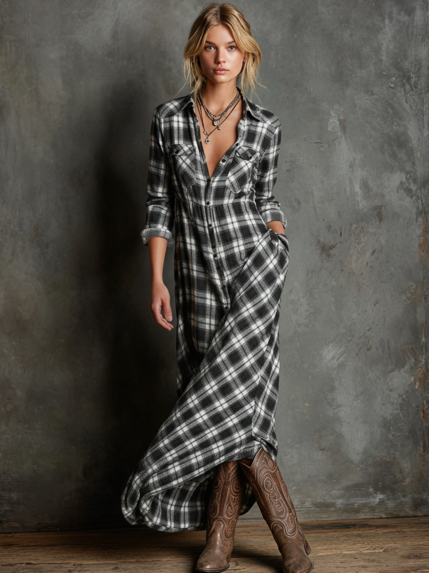 Harper Brooklyn | Plaid Lapel Single-Breasted Maxi Dress