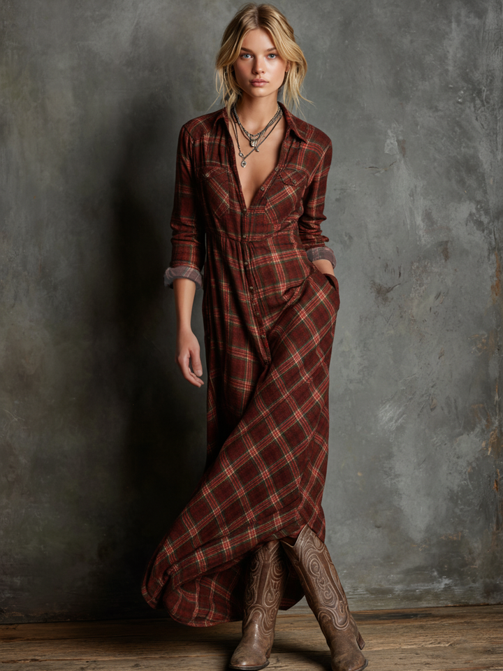 Harper Brooklyn | Plaid Lapel Single-Breasted Maxi Dress