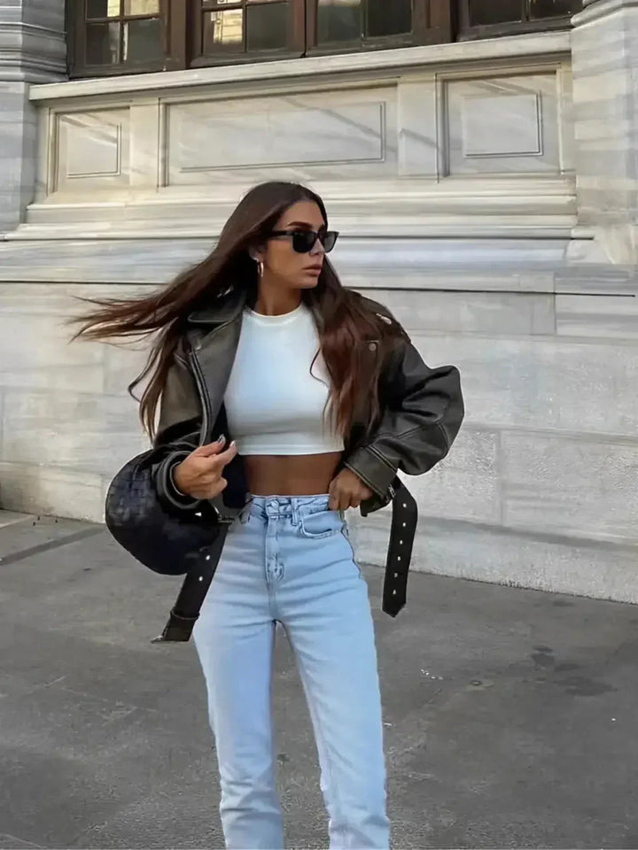 Harper Brooklyn | Cropped Fitted Belted Biker Jacket
