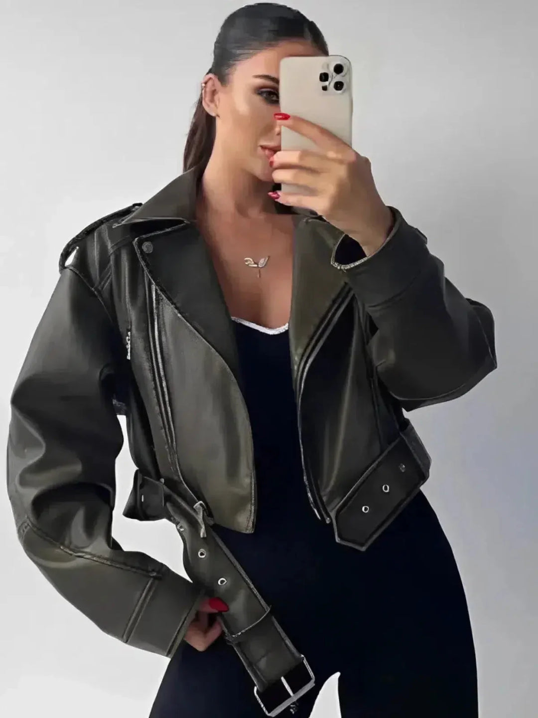 Harper Brooklyn | Cropped Fitted Belted Biker Jacket
