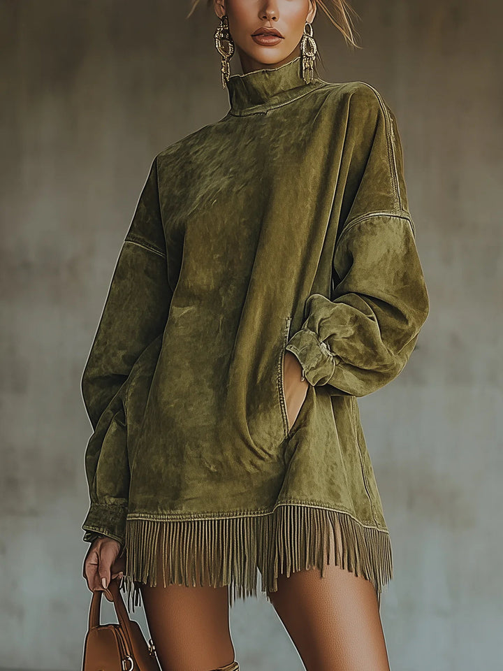 Harper Brooklyn| Faux Turtleneck Dress, Fringe Hem