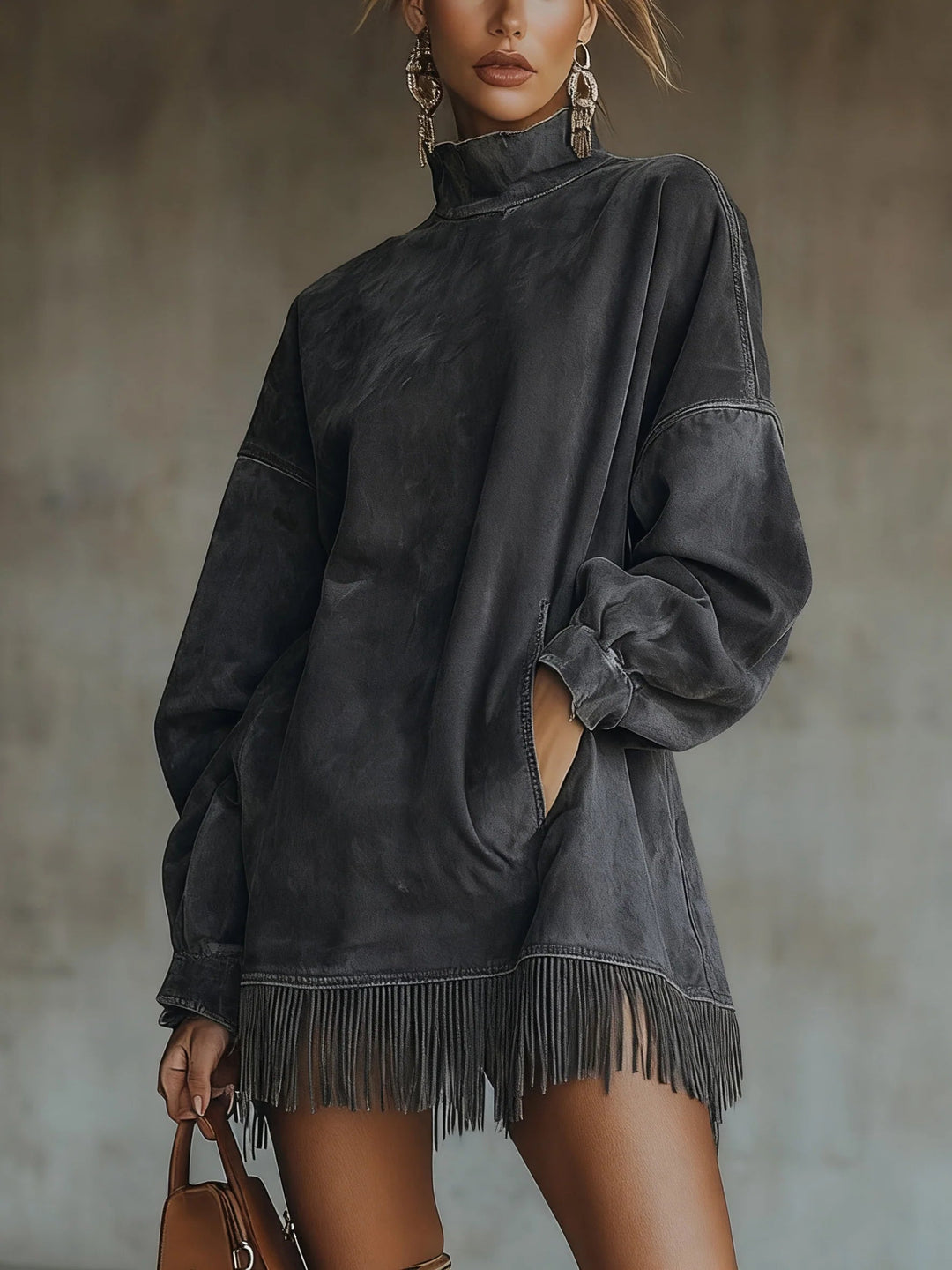 Harper Brooklyn| Faux Turtleneck Dress, Fringe Hem