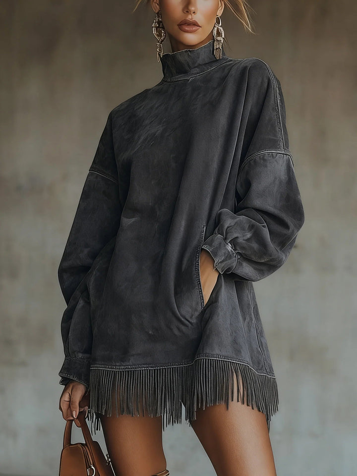 Harper Brooklyn| Faux Turtleneck Dress, Fringe Hem