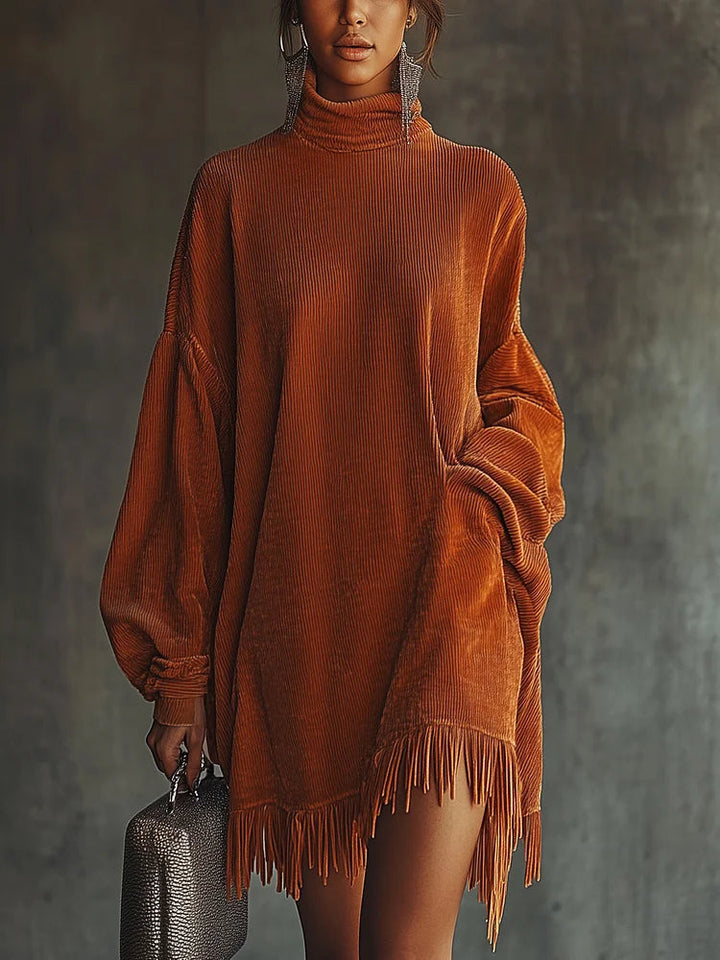 Harper Brooklyn| Corduroy Dress with Fringed Hem and High Collar