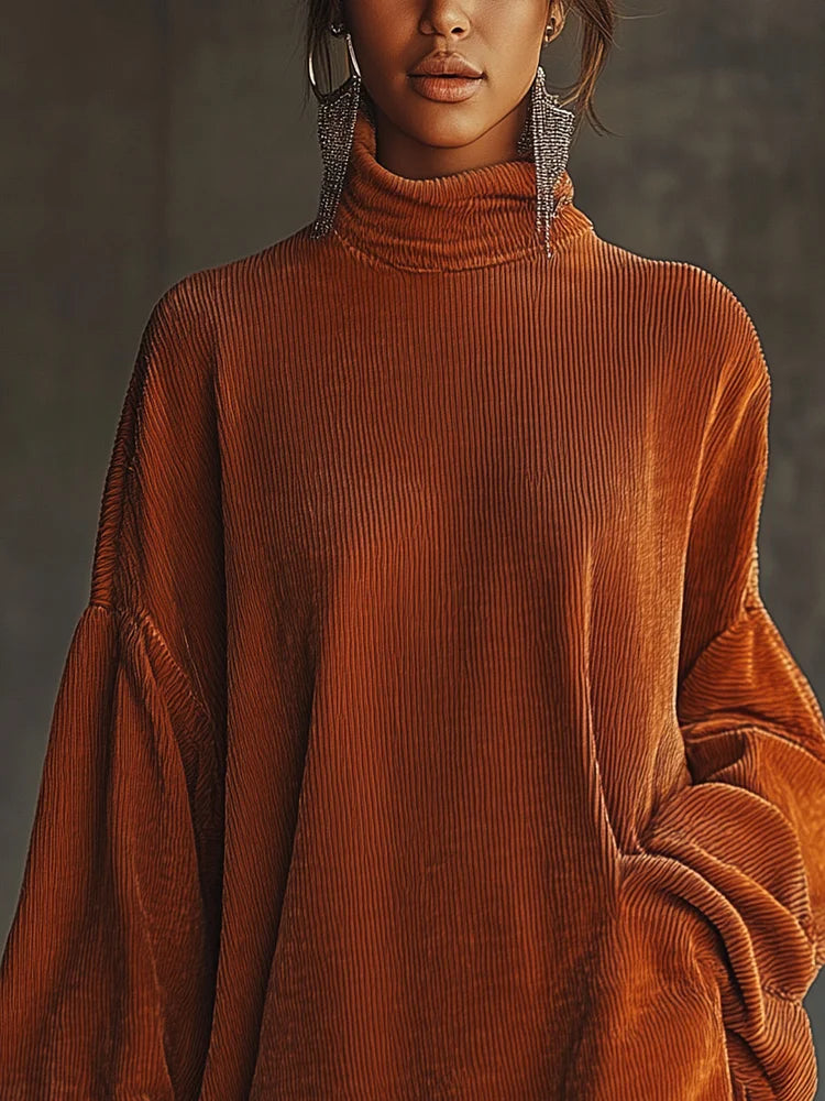Harper Brooklyn| Corduroy Dress with Fringed Hem and High Collar