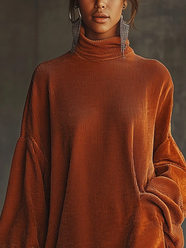 Harper Brooklyn| Corduroy Dress with Fringed Hem and High Collar