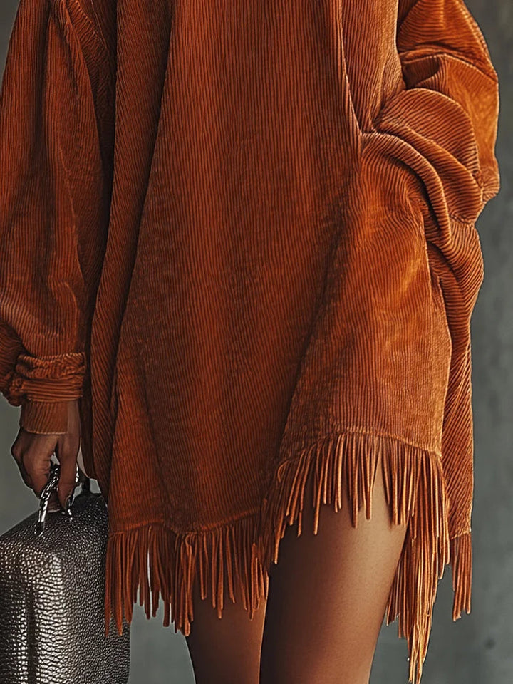 Harper Brooklyn| Corduroy Dress with Fringed Hem and High Collar