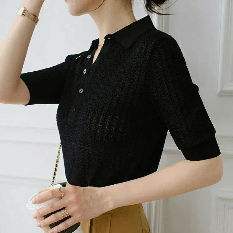 Harper Brooklyn | Ribbed Knit Polo Blouse
