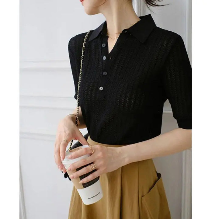 Harper Brooklyn | Ribbed Knit Polo Blouse