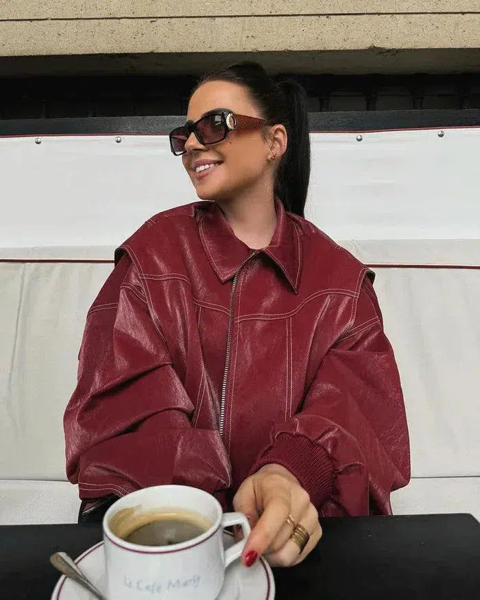 Harper Brooklyn | Glossy vegan leather bomber jacket