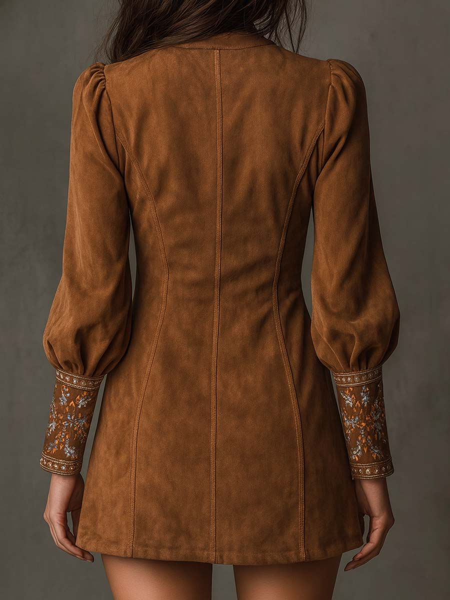 Harper Brooklyn| Mini Dress, Brown, V-Neck, Embroidered