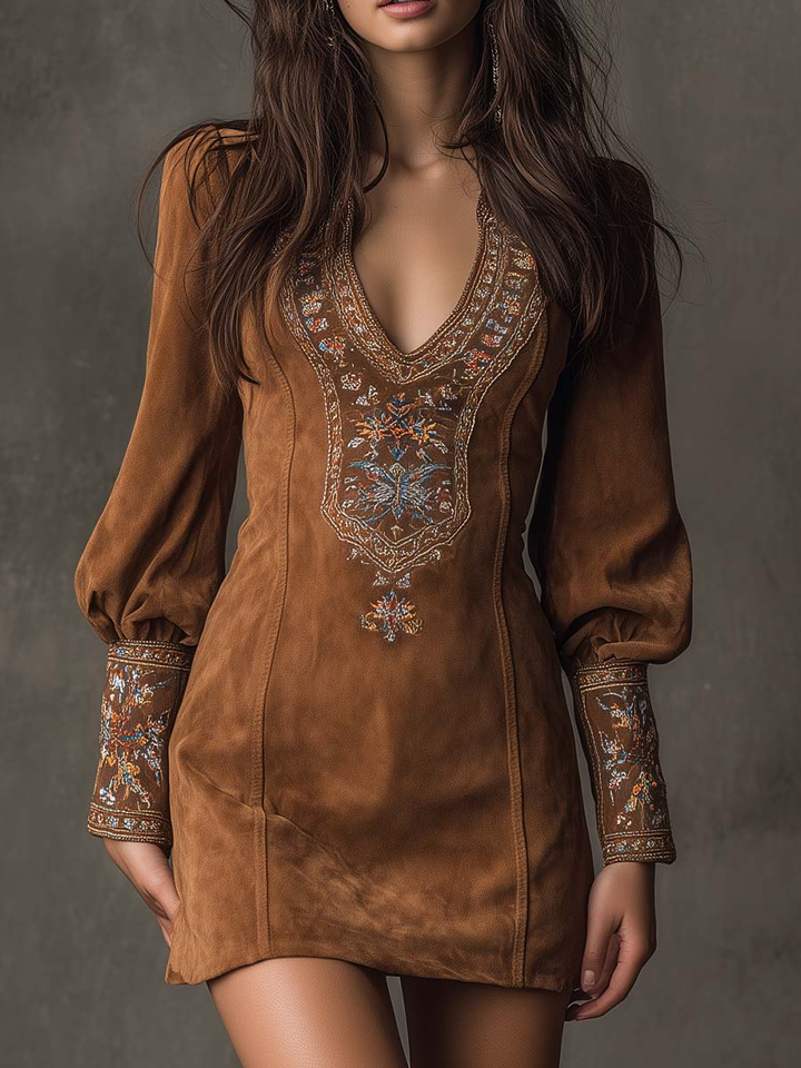Harper Brooklyn| Mini Dress, Brown, V-Neck, Embroidered