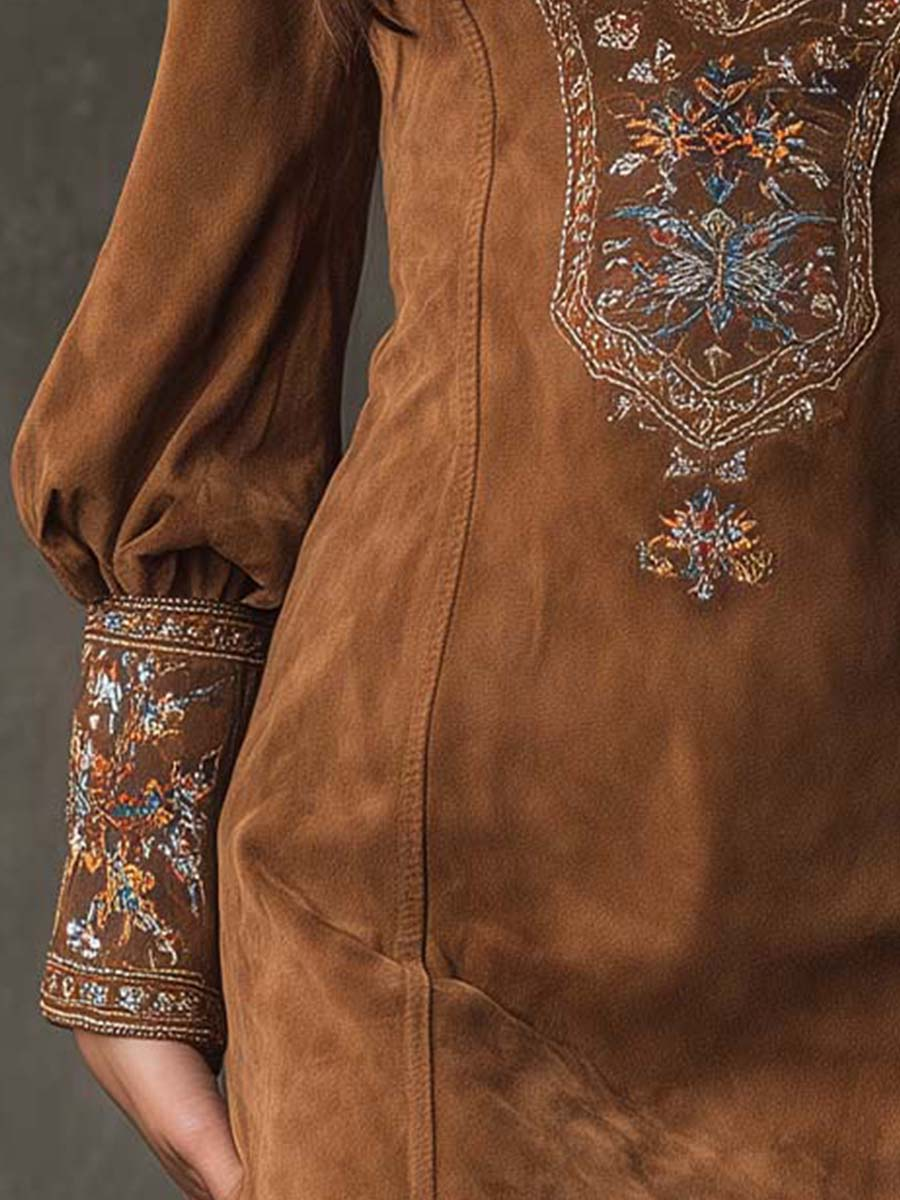 Harper Brooklyn| Mini Dress, Brown, V-Neck, Embroidered