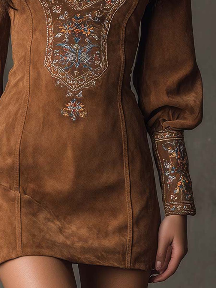 Harper Brooklyn| Mini Dress, Brown, V-Neck, Embroidered