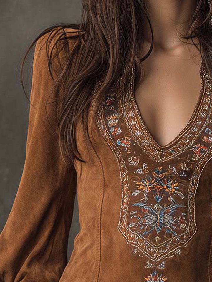 Harper Brooklyn| Mini Dress, Brown, V-Neck, Embroidered
