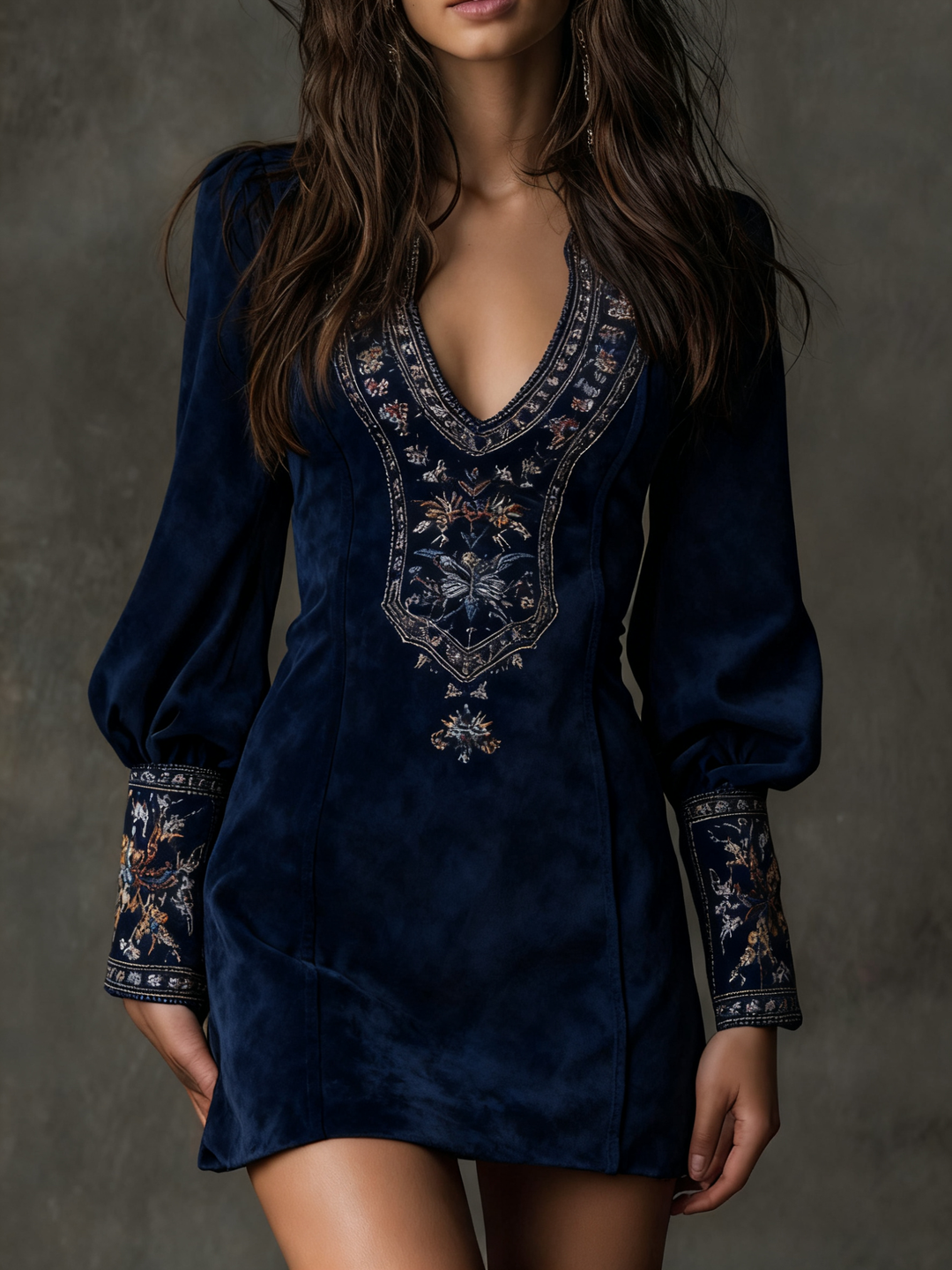 Harper Brooklyn| Mini Dress, Brown, V-Neck, Embroidered