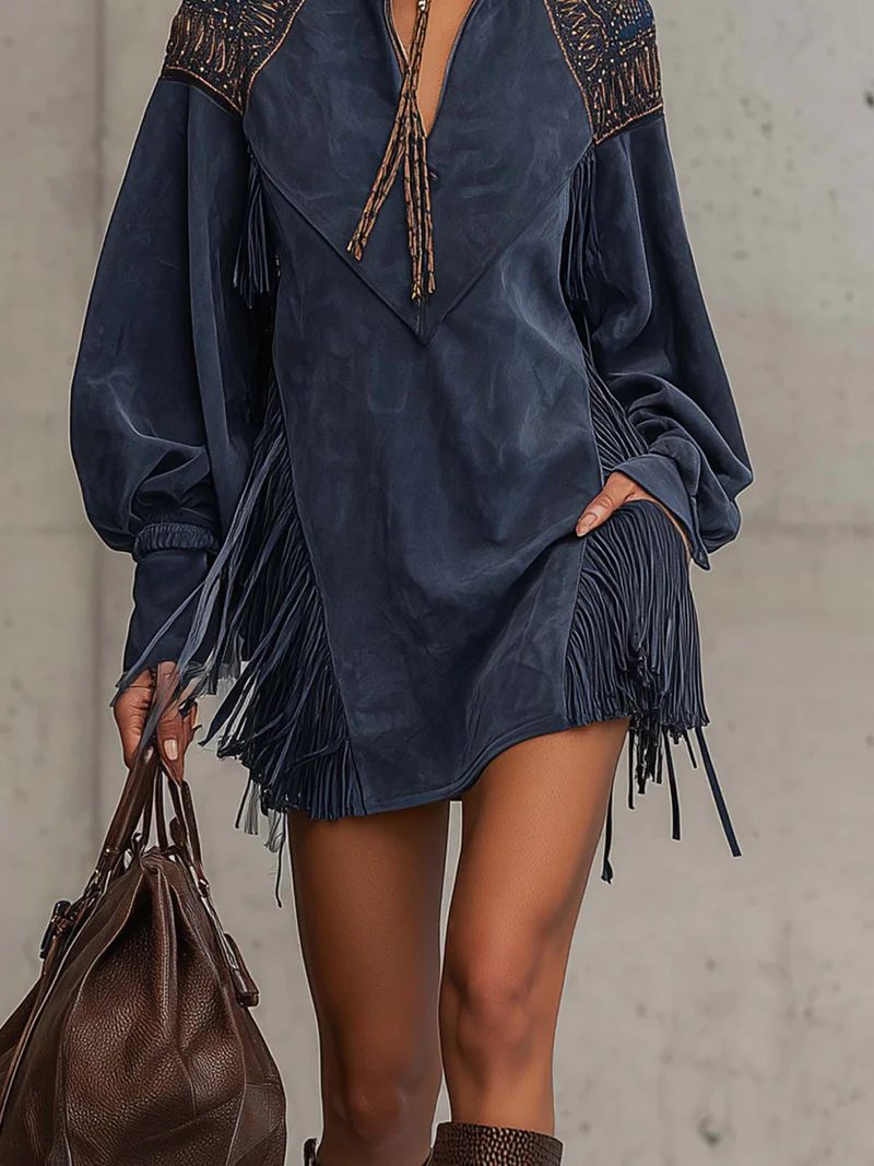 Harper Brooklyn| Mini Dress, Indigo, Embroidered Tassels, Stand Collar