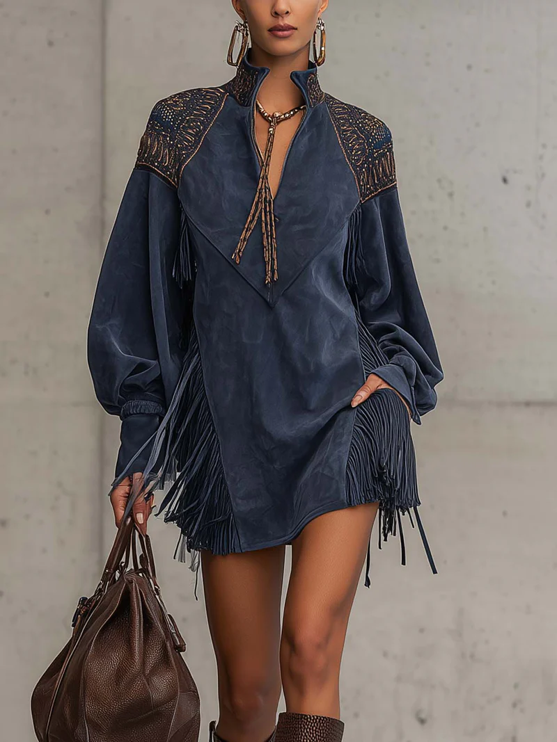 Harper Brooklyn| Mini Dress, Indigo, Embroidered Tassels, Stand Collar