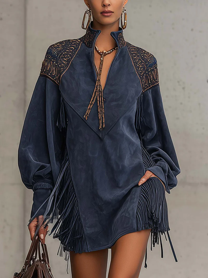 Harper Brooklyn| Mini Dress, Indigo, Embroidered Tassels, Stand Collar