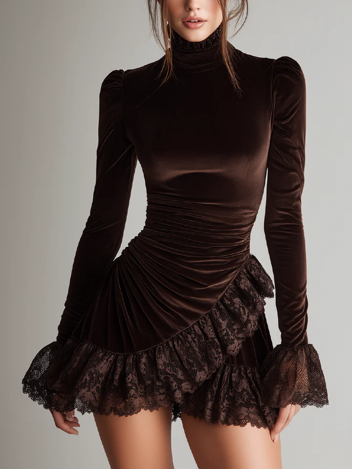 Harper Brooklyn| Mini Dress, Velvet, Turtleneck, Ruffled Hem