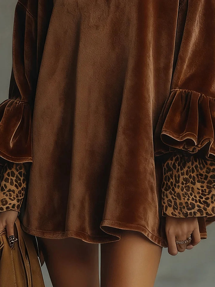 Harper Brooklyn| Velvet Mini Dress, Leopard Print, Ruffled Cuffs and Hem