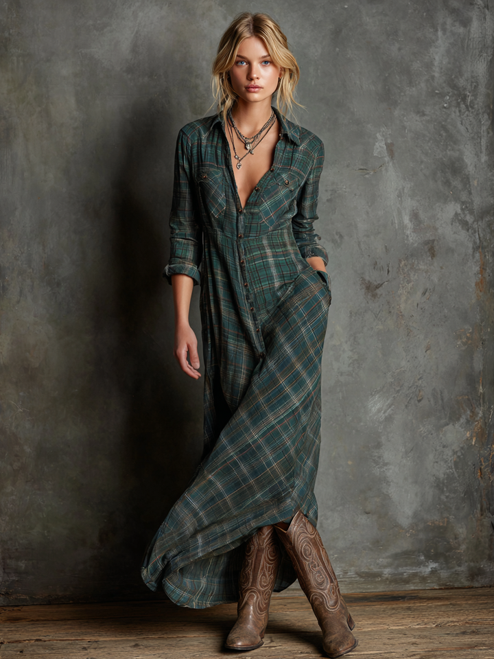 Harper Brooklyn | Plaid Lapel Single-Breasted Maxi Dress